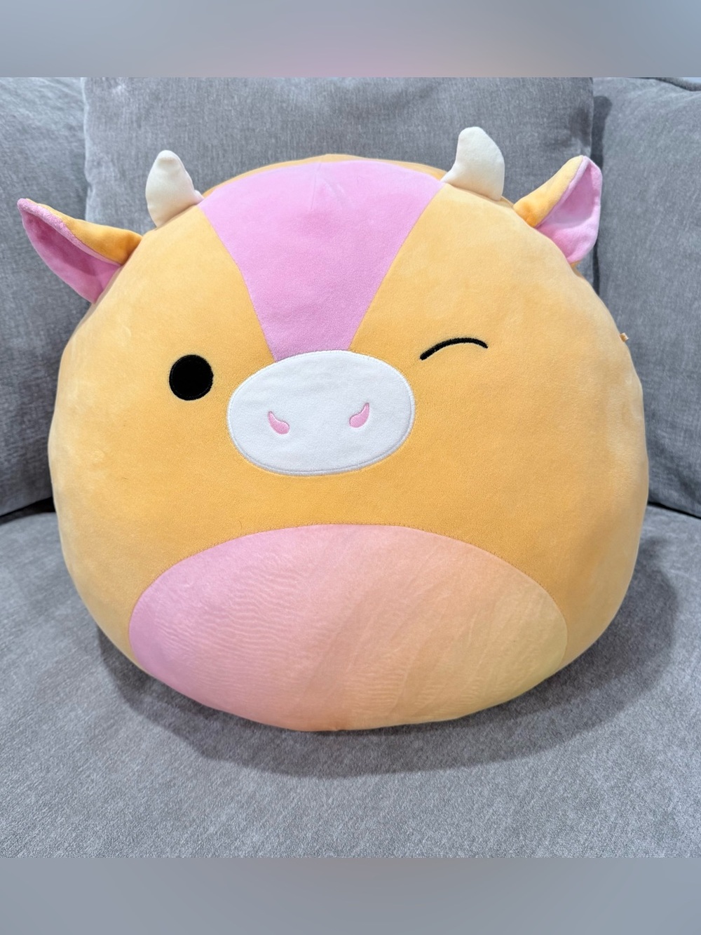 Squishmallow Jazwares 16" Plushie Adjani The Sunset Cow Winking Orange Pink